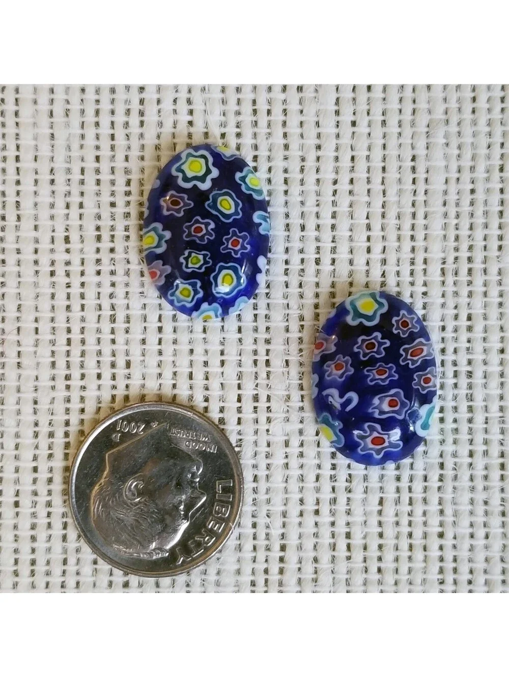 Millefiori Art Glass Cabochons 18x13mm Oval Cobalt Blue Multi Flowers 2 pcs